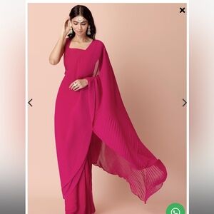 Hot Pink Pleated Ready To Wear Saree without blouse